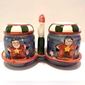 Christmas Salt and Pepper Set – Hand-Painted Ceramic – Matching Holder